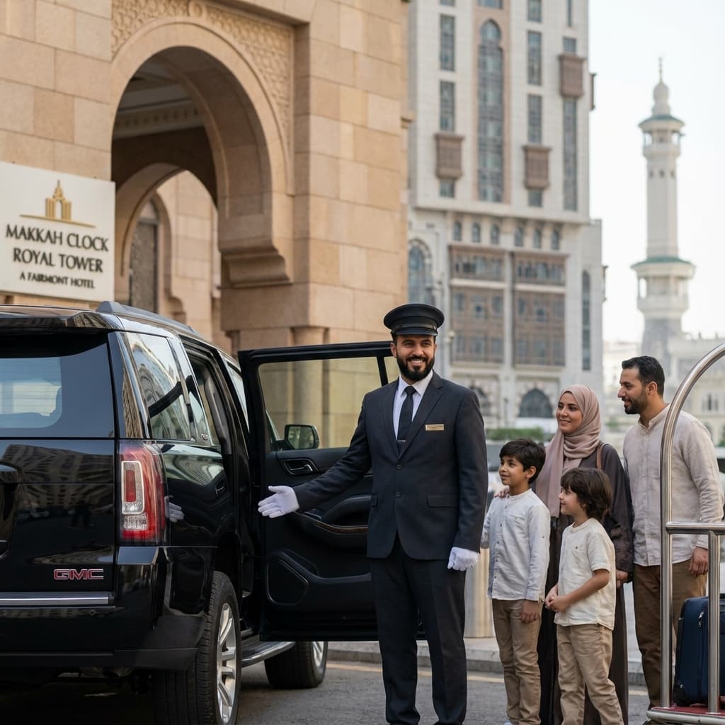 Professional chauffeur opening car door for pilgrim family