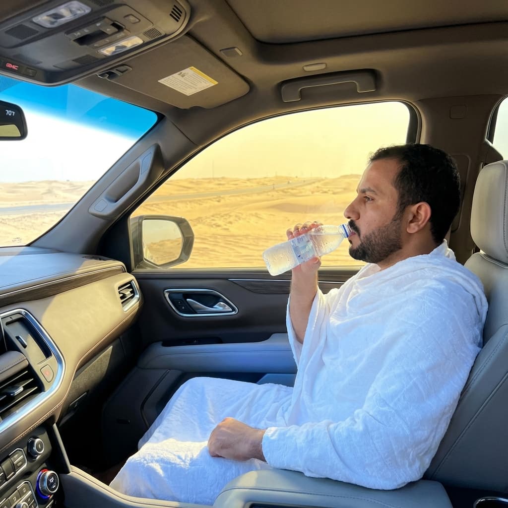 Pilgrim drinking water in air conditioned car