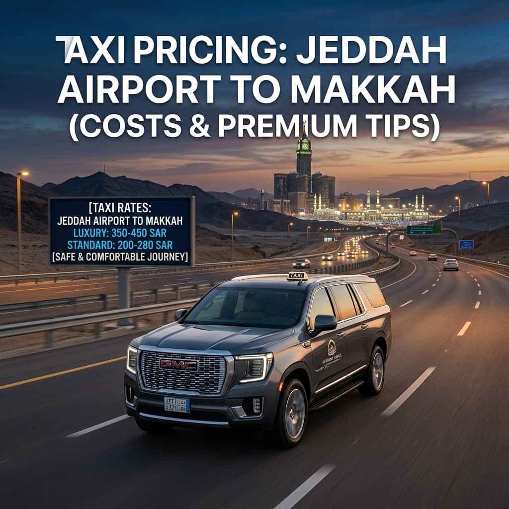 Taxi transfer from Jeddah Airport to Makkah — Al Aqsa Umrah Transport vehicle at KAIA arrivals terminal