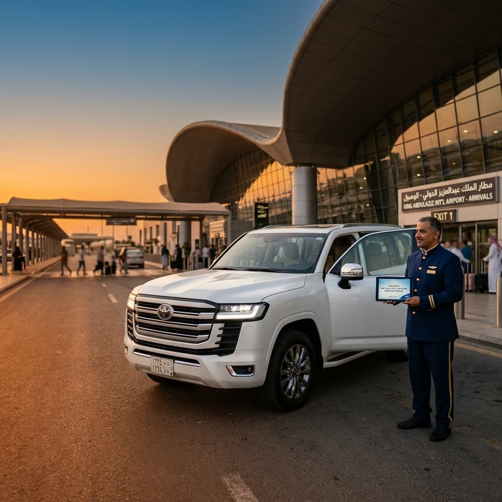 Pilgrim arriving at Jeddah Airport with a private Umrah taxi waiting — Al Aqsa Umrah Transport Makkah